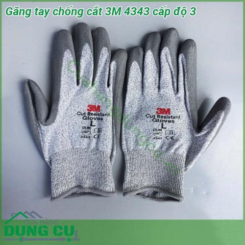 Găng tay chống cắt cấp độ 3 3M 4343 được làm từ chất liệu dệt kim sợi HPPE Spadex có lớp phủ PU lòng bàn tay và các đầu ngón tay  Lớp phủ thiết kế bề mặt nhám có độ ma sát chống rung trơn trượt và chịu dầu