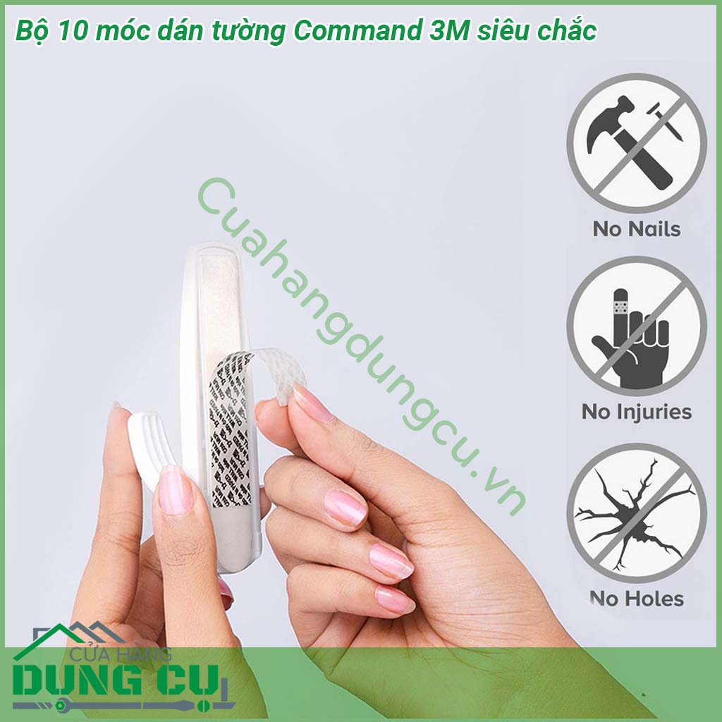 Bộ 10 móc dán tường Command 3M siêu chắc chất liệu an toàn độ bền cao Dùng được trên nhiều bề mặt tường từ tường sơn gạch men gỗ kính… Tải trọng lên tới 11 4kg 1 móc có thể giữ tới 2 2kg  Sử dụng đơn giản không làm hỏng bề mặt không khoan không bắt vít