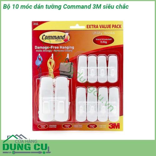 Bộ 10 móc dán tường Command 3M siêu chắc chất liệu an toàn độ bền cao Dùng được trên nhiều bề mặt tường từ tường sơn gạch men gỗ kính… Tải trọng lên tới 11 4kg 1 móc có thể giữ tới 2 2kg  Sử dụng đơn giản không làm hỏng bề mặt không khoan không bắt vít