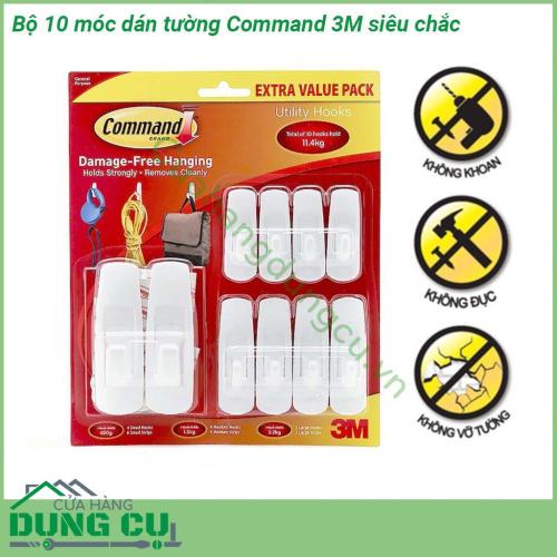 Bộ 10 móc dán tường Command 3M siêu chắc chất liệu an toàn độ bền cao Dùng được trên nhiều bề mặt tường từ tường sơn gạch men gỗ kính… Tải trọng lên tới 11 4kg 1 móc có thể giữ tới 2 2kg  Sử dụng đơn giản không làm hỏng bề mặt không khoan không bắt vít