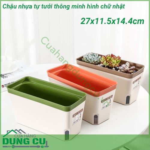 Chậu nhựa tự tưới thông minh hình chữ nhật thiết kế thông minh 2 lớp giúp chậu có khả năng tự tưới nước cho cây  Chất liệu nhựa dẻo dai chống va đập chống phai màu  Có thể sử dụng trong nhà và ngoài trời