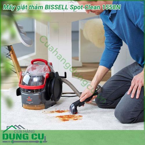 Máy giặt thảm Bissell SpotClean 1558N thiết kế nhẹ và nhỏ gọn với công suất 750W giúp loại bỏ vết bẩn nhanh chóng và dễ dàng  Các bình chứa nước có thể tháo rời để dễ dàng đổ đầy và làm rỗng Vòi tích hợp dài 1 5m cho phép bạn làm sạch mọi lúc mọi nơi