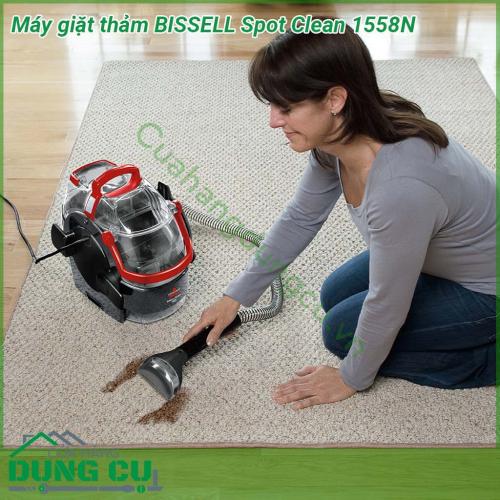 Máy giặt thảm Bissell SpotClean 1558N thiết kế nhẹ và nhỏ gọn với công suất 750W giúp loại bỏ vết bẩn nhanh chóng và dễ dàng  Các bình chứa nước có thể tháo rời để dễ dàng đổ đầy và làm rỗng Vòi tích hợp dài 1 5m cho phép bạn làm sạch mọi lúc mọi nơi