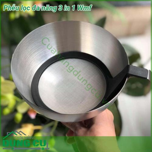 Phễu lọc đa năng 3 in 1 Wmf được làm từ chất liệu Thép không gỉ cao cấp Cromargan 18 10 mờ với nhựa cao cấp đảm bảo tuyệt đối an toàn cho sức khoẻ người sử dụng  Phễu inox to với đường kính 18cm cao 16 cm thoải mái đổ cả bã lẫn nước vào để lọc