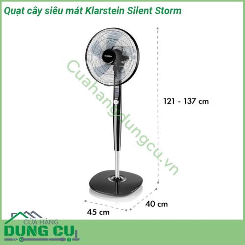 Quạt cây siêu mát Klarstein Silent Storm được thiết kế với rất nhiều các chức năng và có thể điều khiển sử dụng dễ dàng Quạt siêu hiện đại với 26 cấp độ gió  5 chế độ làm mát - thật tuyệt vời và tiện nghi  Chiều cao quạt tuỳ chỉnh từ 120-137cm