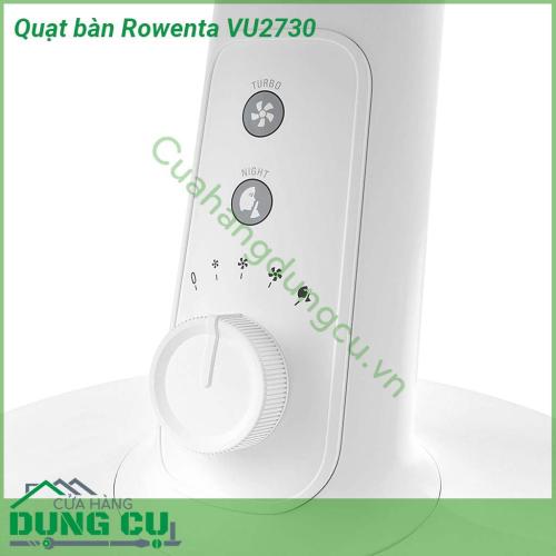 Quạt bàn Rowenta VU2730 kết hợp công suất cực mạnh với khả năng giảm ồn hiệu quả với chỉ 38dB Có 4 tốc độ khác nhau bao gồm chế độ Silent Night và chế độ Turbo Boost  Sản phẩm hữu ích cho sinh hoạt hằng ngày