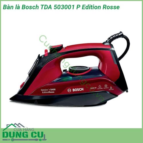 Bàn là Bosch TDA 503001 P Edition Rosse thiết kế độc đáo phối màu đỏ đen siêu sang và đẹp  Với công suất tối đa lên tới 3000W và khả năng phun hơi nước lên tới 200g giúp bạn đánh bật nhanh chóng những nếp nhăn nhàu trên quần áo