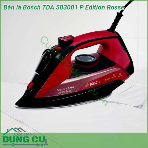 Bàn là Bosch TDA 503001 P Edition Rosse thiết kế độc đáo phối màu đỏ đen siêu sang và đẹp  Với công suất tối đa lên tới 3000W và khả năng phun hơi nước lên tới 200g giúp bạn đánh bật nhanh chóng những nếp nhăn nhàu trên quần áo