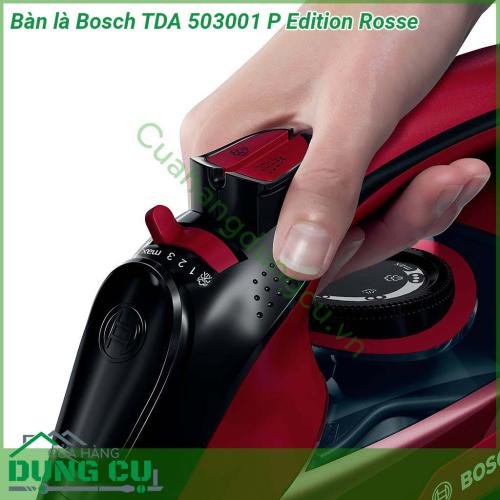 Bàn là Bosch TDA 503001 P Edition Rosse thiết kế độc đáo phối màu đỏ đen siêu sang và đẹp  Với công suất tối đa lên tới 3000W và khả năng phun hơi nước lên tới 200g giúp bạn đánh bật nhanh chóng những nếp nhăn nhàu trên quần áo