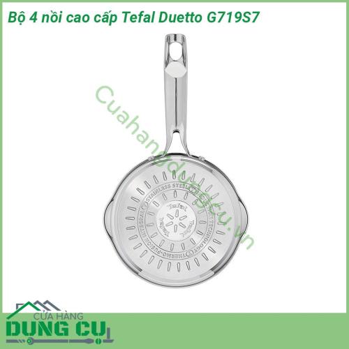 Bộ 4 nồi cao cấp Tefal Duetto G719S7 được làm bằng thép không gỉ cao cấp Tay cầm bằng inox chắc chắn có đinh tán đảm bảo độ an toàn và độ bền tối đa cho nồi Nắp thủy tinh có chức năng lọc và mở bằng hơi nước Vành nồi được thiết kế rót không nhỏ giọt