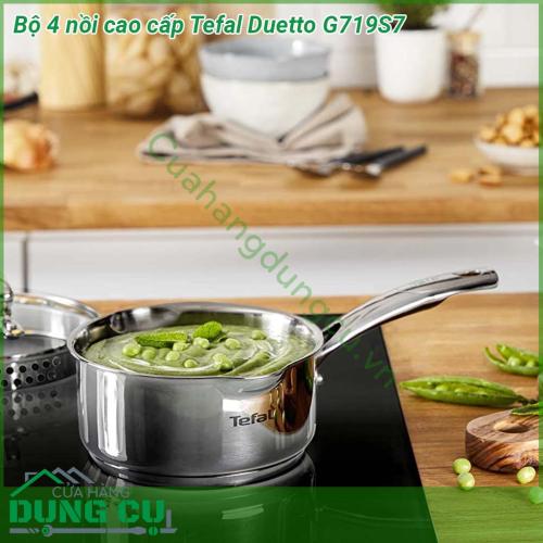 Bộ 4 nồi cao cấp Tefal Duetto G719S7 được làm bằng thép không gỉ cao cấp Tay cầm bằng inox chắc chắn có đinh tán đảm bảo độ an toàn và độ bền tối đa cho nồi Nắp thủy tinh có chức năng lọc và mở bằng hơi nước Vành nồi được thiết kế rót không nhỏ giọt