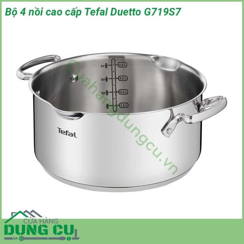 Bộ 4 nồi cao cấp Tefal Duetto G719S7 được làm bằng thép không gỉ cao cấp Tay cầm bằng inox chắc chắn có đinh tán đảm bảo độ an toàn và độ bền tối đa cho nồi Nắp thủy tinh có chức năng lọc và mở bằng hơi nước Vành nồi được thiết kế rót không nhỏ giọt