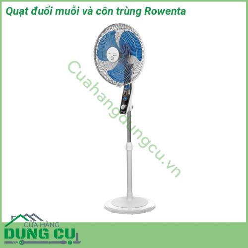 Quạt đuổi muỗi và côn trùng Rowenta với thiết kế vững chắc thanh lịch sang trọng Quạt có 3 cánh quạt đường kính 40 cm công suất 60W làm mát diện tích rộng với luồng không khí 3300m³ h cùng 3 tốc độ gió chế độ hẹn giờ đến 8 tiếng