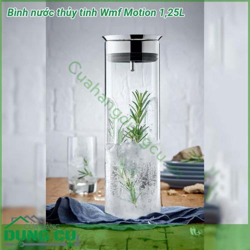 Bình nước thủy tinh Wmf Motion 1 25L được làm từ chất liệu thuỷ tinh cao cấp chịu được nhiệt đôn tới 130 độ C nắp thép không gỉ Cromargan đánh bóng và vành Silicon Tất cả các bộ phận của bình đều có thể tháo ra vệ sinh với máy rửa chén