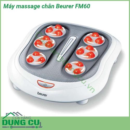 Máy massage chân Beurer FM60 được thiết kế với 6 đầu massage với 18 đầu (núm) massage theo khuôn hình bàn chân của bạn với mỗi khu vực có 3 đầu quay massage nhỏ sẽ mát xa nhẹ nhàng êm ái các huyệt đạo vùng gan bàn chân mang lại cảm giác thư thái dễ chịu