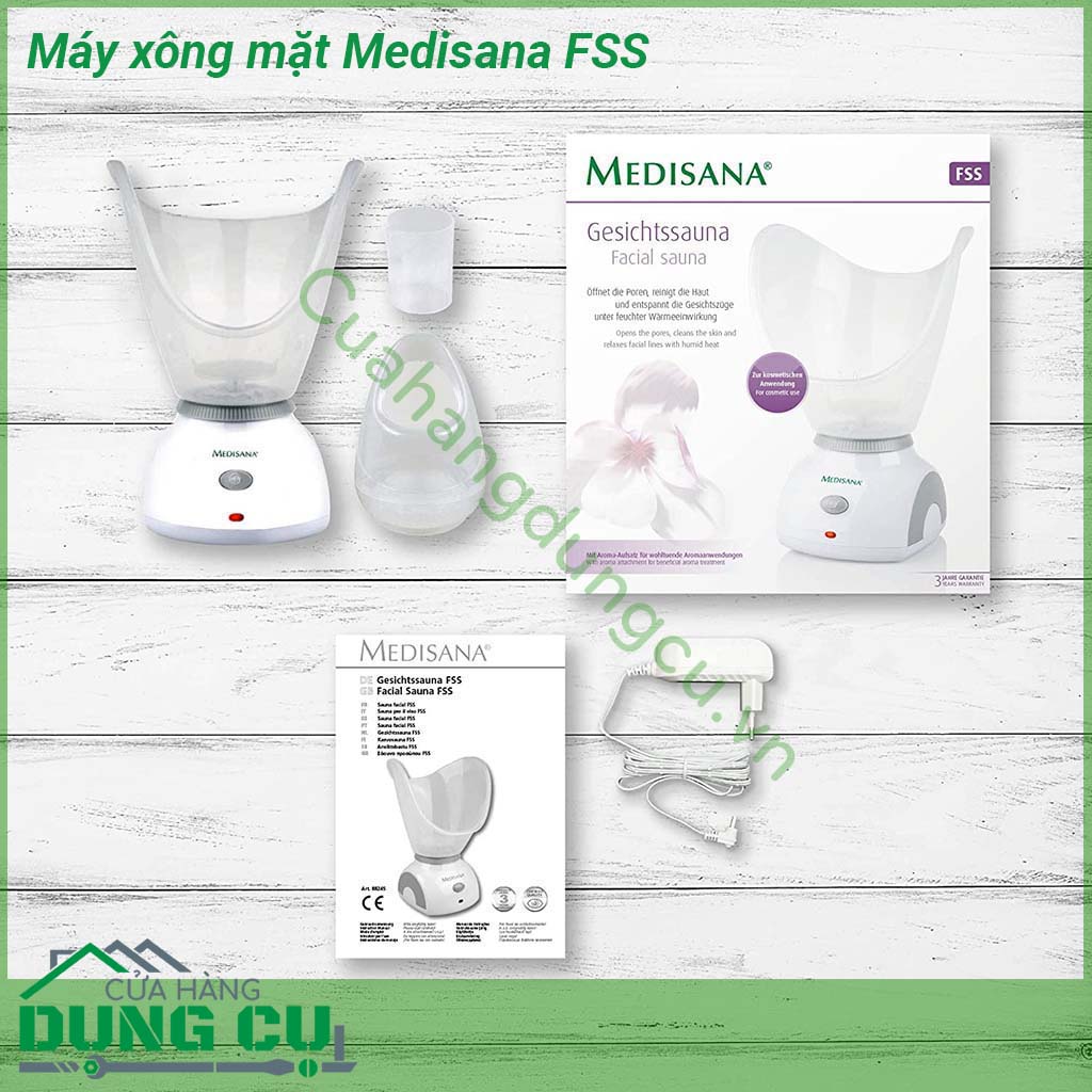 Máy xông mặt Medisana FSS là một thiết bị làm đẹp của Medisana sử dụng hơi nước để tẩy rửa và loại bỏ những lớp tế bào chết trên da bụi bẩn ẩn sâu dưới da làm cho da mặt bạn trở lên mềm mịn sáng khỏe đẹp
