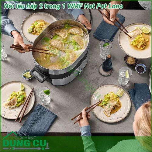 Nồi lẩu hấp 2 trong 1 WMF Hot Pot Lono được làm từ chất liệu thép không gỉ an toàn với người dùng  với hình dáng nhỏ gọn nắp kính cao cấp có thể nhìn xuyên thấu giúp dễ dàng theo dõi quá trình đun nấu và nấu nướng  