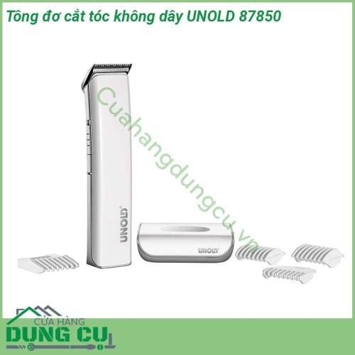 Tông đơ cắt tóc không dây UNOLD 87850 sở hữu thiết kế thời trang và hiện đại tông đơ Unold cung cấp 4 phụ kiện cắt có thể tháo rời gồm 3 6 9 mm và một đầu có thể điều chỉnh riêng 3 3 5 4 5 mm đáp ứng mọi nhu cầu về căt tóc của bạn