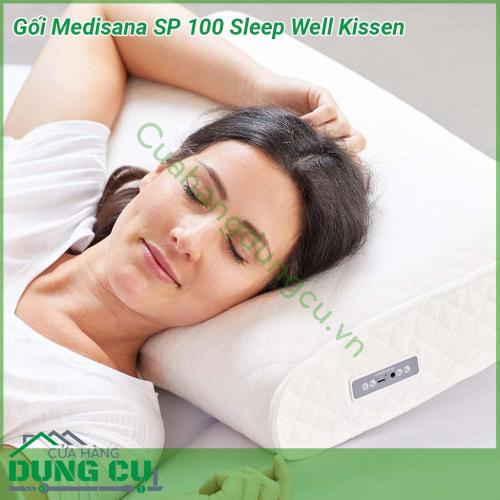 Gối Medisana SP 100 Sleep Well Kissen là một chiếc gối chỉnh hình lớn với lõi bọt hoạt tính mật độ cao có thể cải thiện chất lượng giấc ngủ cá nhân vì gối xốp tích hợp âm thanh nổi với nhạc thư giãn hoạt động như một thiết bị hỗ trợ giấc ngủ