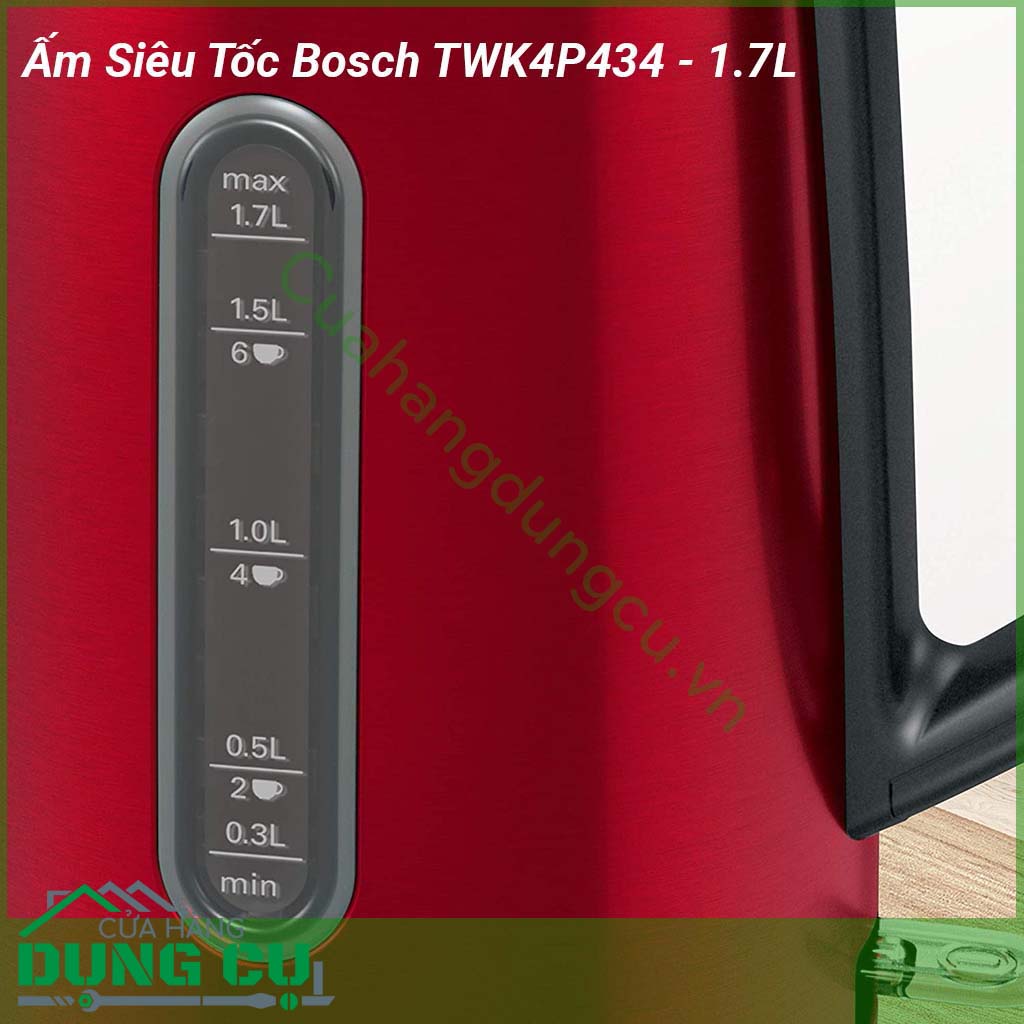 Ấm siêu tốc Bosch TWK4P434 với công suất 2400W đun nước cực nhanh với lượng nước tối đa 1 7 lít mỗi lần nấu  Thiết kế hiện đại kết hợp thao tác sử dụng đơn giản thoải mái tối đa Sản phẩm đun nướng nhanh chóng an toàn và tiết kiệm điện