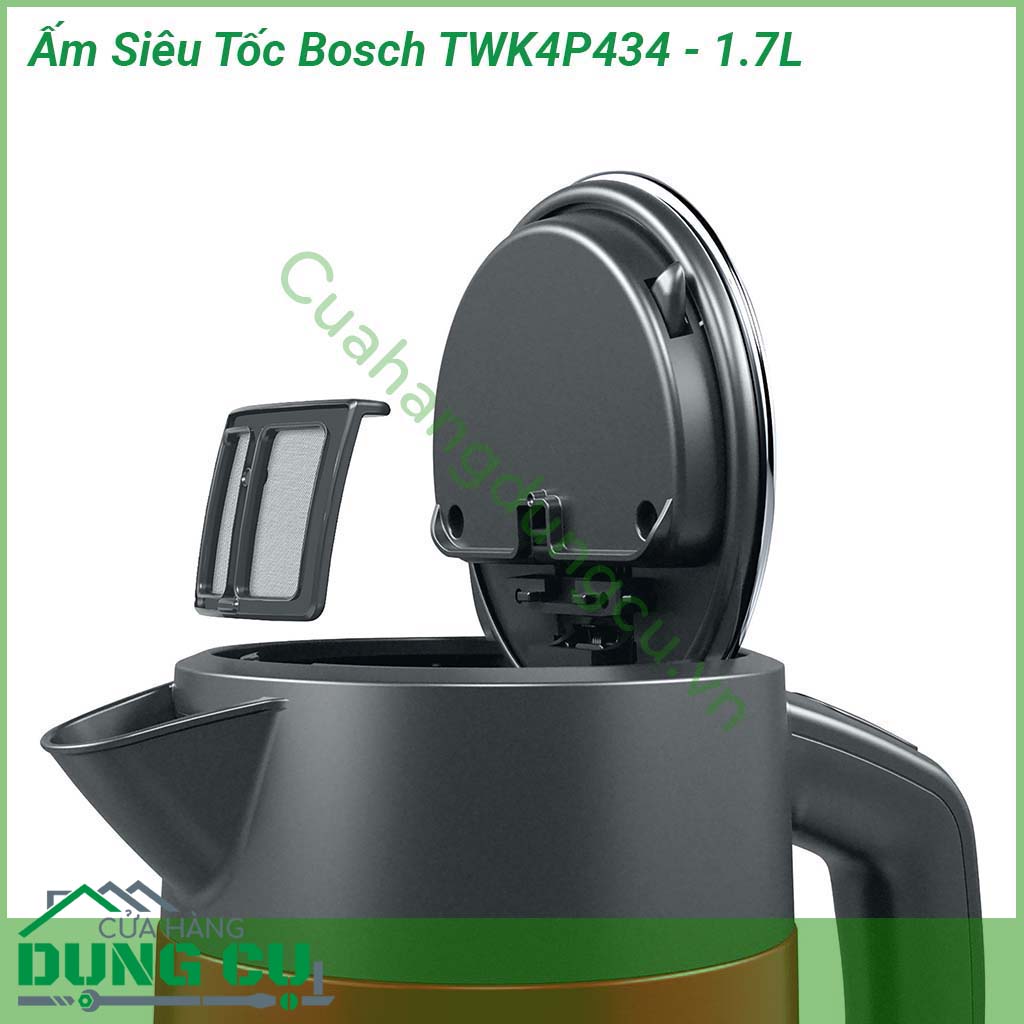 Ấm siêu tốc Bosch TWK4P434 với công suất 2400W đun nước cực nhanh với lượng nước tối đa 1 7 lít mỗi lần nấu  Thiết kế hiện đại kết hợp thao tác sử dụng đơn giản thoải mái tối đa Sản phẩm đun nướng nhanh chóng an toàn và tiết kiệm điện