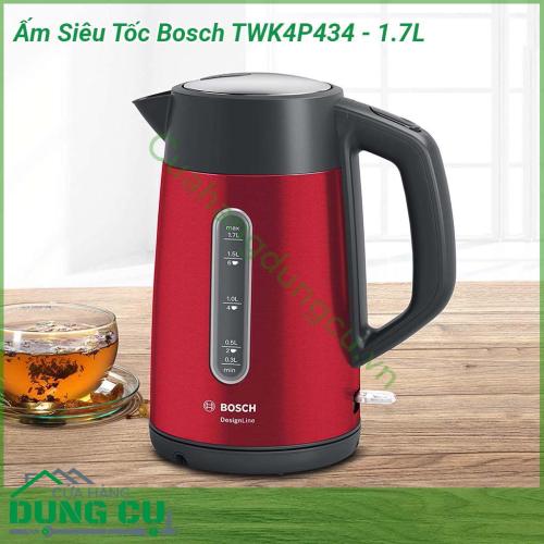 Ấm siêu tốc Bosch TWK4P434 với công suất 2400W đun nước cực nhanh với lượng nước tối đa 1 7 lít mỗi lần nấu  Thiết kế hiện đại kết hợp thao tác sử dụng đơn giản thoải mái tối đa Sản phẩm đun nướng nhanh chóng an toàn và tiết kiệm điện