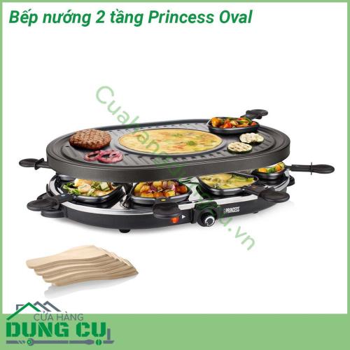 Bếp nướng 2 tầng Princess Oval được làm bằng đá chất liệu chống dính cao cấp do đó bạn có thể nướng mà không cần bất kỳ dầu hoặc bơ Bộ sản phẩm được hoàn thành với 8 chảo mà bạn có thể sử dụng để nấu trứng bánh kếp hoặc phô mai nấu chảy