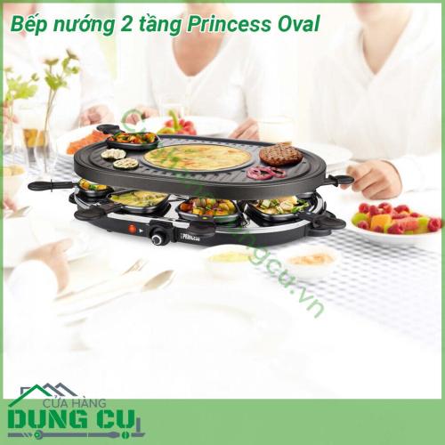 Bếp nướng 2 tầng Princess Oval được làm bằng đá chất liệu chống dính cao cấp do đó bạn có thể nướng mà không cần bất kỳ dầu hoặc bơ Bộ sản phẩm được hoàn thành với 8 chảo mà bạn có thể sử dụng để nấu trứng bánh kếp hoặc phô mai nấu chảy