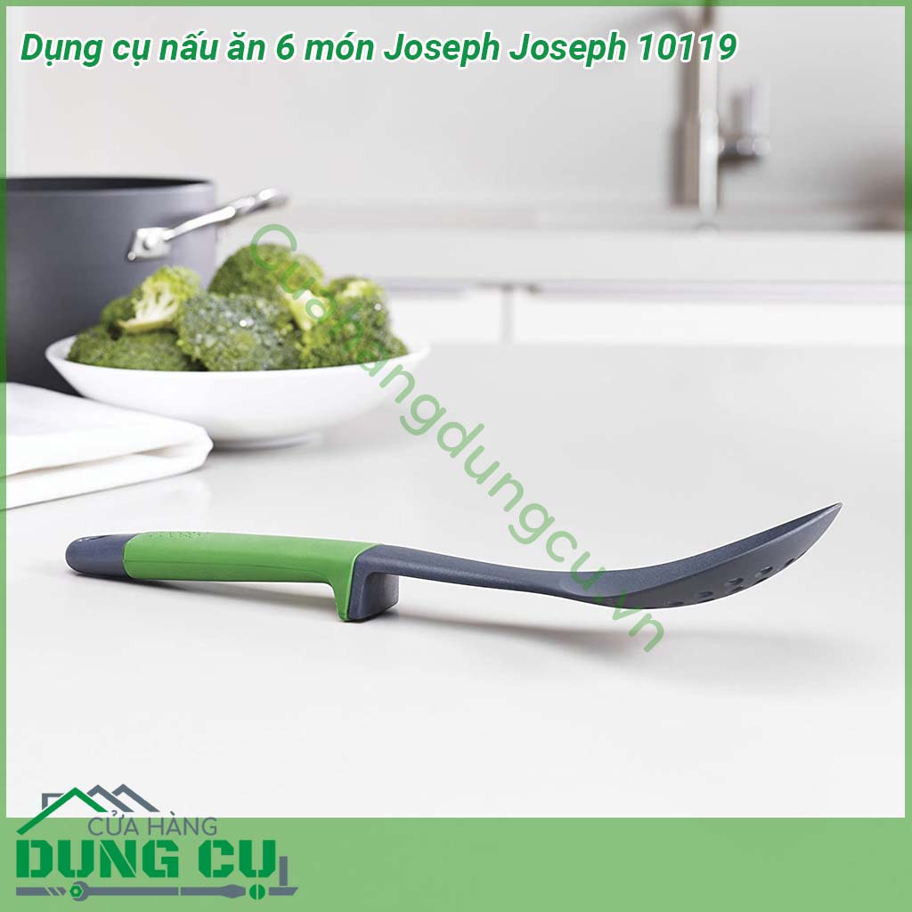 Dụng cụ nấu ăn 6 món Joseph Joseph 10119 được làm từ chất liệu silicon an toàn chống mốc kháng khuẩn  Thích hợp với mọi bề mặt đun nấu Tay cầm cực kỳ thông minh khi thiết kế thêm mấu ở tay cầm nên muôi xẻng không bị tiếp xúc trực tiếp xuống bàn