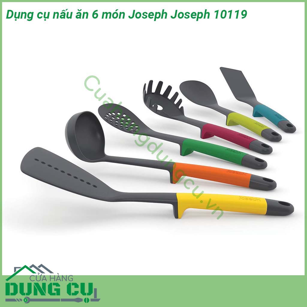 Dụng cụ nấu ăn 6 món Joseph Joseph 10119 được làm từ chất liệu silicon an toàn chống mốc kháng khuẩn  Thích hợp với mọi bề mặt đun nấu Tay cầm cực kỳ thông minh khi thiết kế thêm mấu ở tay cầm nên muôi xẻng không bị tiếp xúc trực tiếp xuống bàn