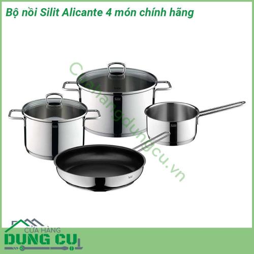 Bộ nồi Silit Alicante 4 món chính hãng được làm từ chất liệu thép không gỉ 18 10 cao cấp an toàn Nắp đậy trong suốt chịu nhiệt có thể nhìn thấy Tay cầm chịu nhiệt  Nồi Silit dùng được cho mọi loại bếp – kể cả bếp từ