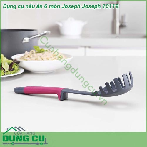 Dụng cụ nấu ăn 6 món Joseph Joseph 10119 được làm từ chất liệu silicon an toàn chống mốc kháng khuẩn  Thích hợp với mọi bề mặt đun nấu Tay cầm cực kỳ thông minh khi thiết kế thêm mấu ở tay cầm nên muôi xẻng không bị tiếp xúc trực tiếp xuống bàn