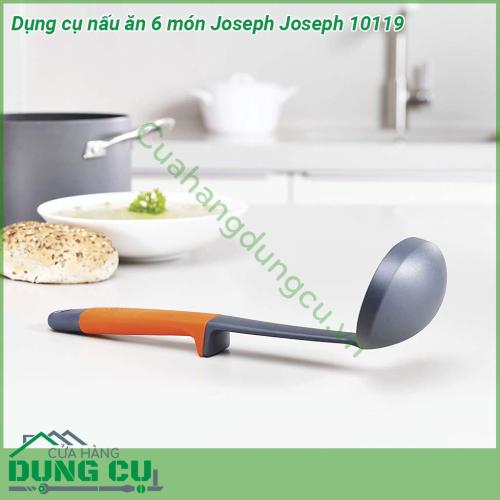 Dụng cụ nấu ăn 6 món Joseph Joseph 10119 được làm từ chất liệu silicon an toàn chống mốc kháng khuẩn  Thích hợp với mọi bề mặt đun nấu Tay cầm cực kỳ thông minh khi thiết kế thêm mấu ở tay cầm nên muôi xẻng không bị tiếp xúc trực tiếp xuống bàn