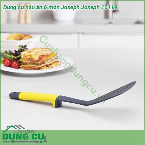 Dụng cụ nấu ăn 6 món Joseph Joseph 10119 được làm từ chất liệu silicon an toàn chống mốc kháng khuẩn  Thích hợp với mọi bề mặt đun nấu Tay cầm cực kỳ thông minh khi thiết kế thêm mấu ở tay cầm nên muôi xẻng không bị tiếp xúc trực tiếp xuống bàn