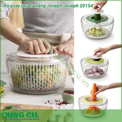 Rổ quay rau đa năng Joseph Joseph 20154 thiết kế gọn nhẹ cấu tạo bền các bộ phận tách rời dễ dàng vệ sinh Rổ quay rau đa năng được tích hợp nhiều dụng cụ khác đảm nhiệm nhiều chức năng khác như Thát lát mỏng bào sợi … theo nhiều kích cỡ khác nhau