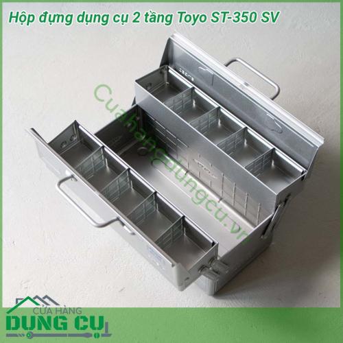 Hộp đựng dụng cụ 2 tầng Toyo ST-350 SV được làm bằng vật liệu chắc chắn chống va đập độ bền cao Thiết kế thông minh 2 tầng xếp chống và 1 khay lớn dưới đáy thùng tự mở ra khi mở nắp Tay xách chắc chắn khi mở 2 tay xách ngả sang 2 bên dễ dàng lấy đồ