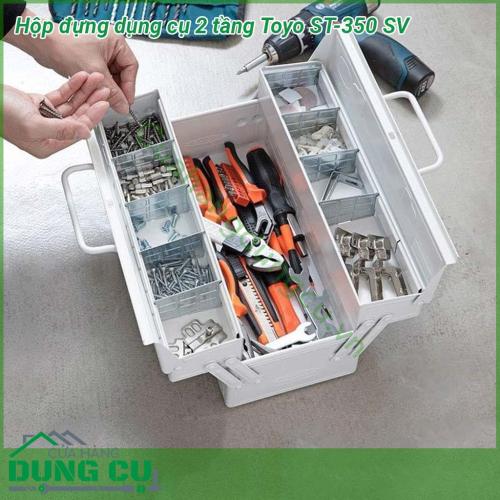 Hộp đựng dụng cụ 2 tầng Toyo ST-350 SV được làm bằng vật liệu chắc chắn chống va đập độ bền cao Thiết kế thông minh 2 tầng xếp chống và 1 khay lớn dưới đáy thùng tự mở ra khi mở nắp Tay xách chắc chắn khi mở 2 tay xách ngả sang 2 bên dễ dàng lấy đồ