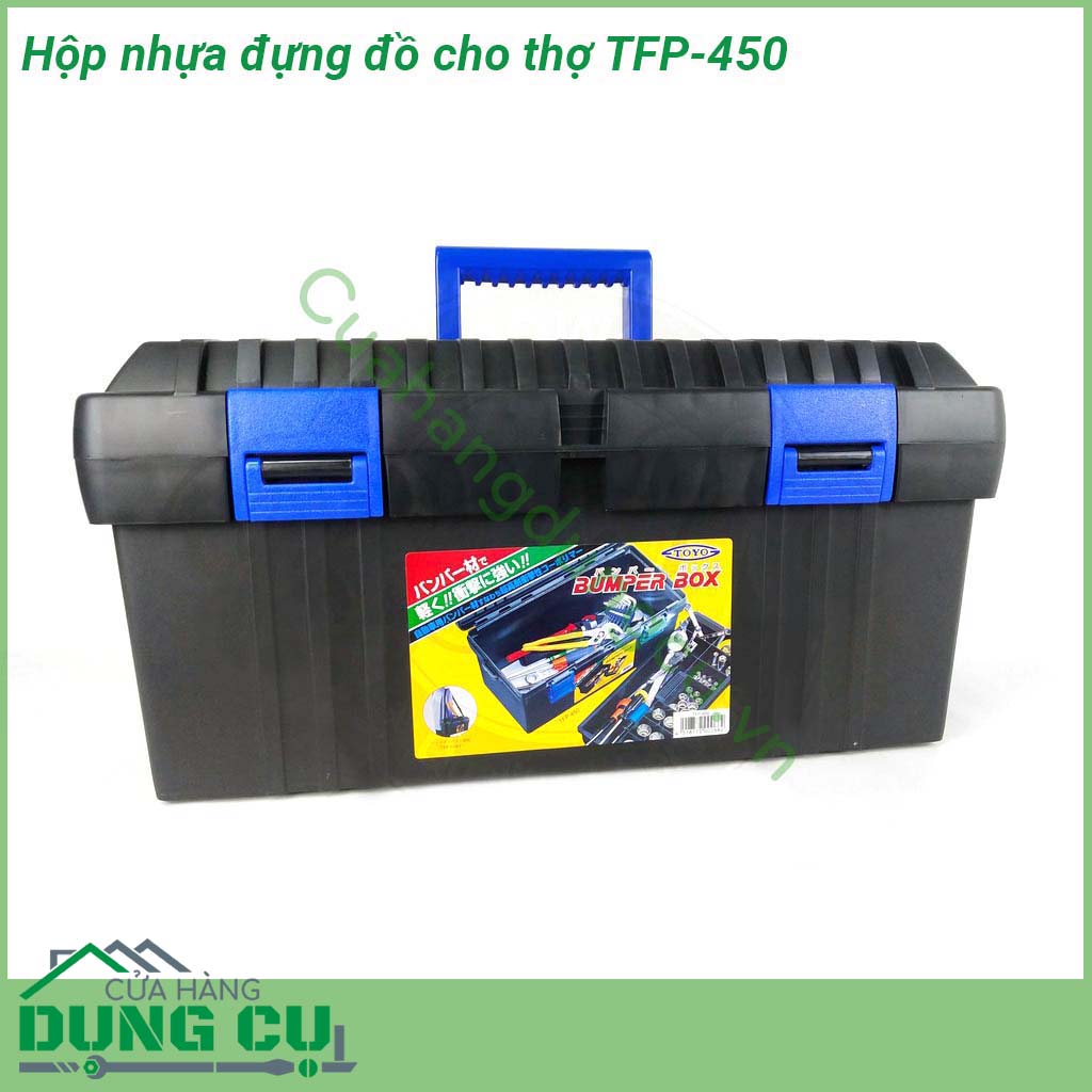 Hộp nhựa đựng đồ cho thợ TFP-450 được làm từ chất liệu nhựa dày dặn chắc chắn cho thời gian sử dụng lâu dài  Thiết kế dễ đóng mở  2 tầng tiện lợi với nhiều ngăn nhỏ giúp phân chia dụng cụ dễ dàng  Quai xách tiện dụng cho việc mang theo mọi lúc mọi nơi