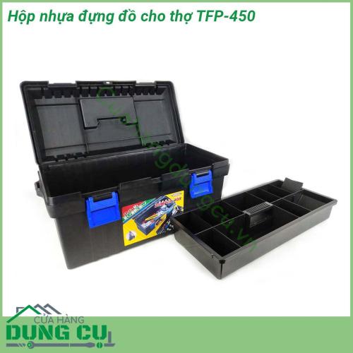 Hộp nhựa đựng đồ cho thợ TFP-450 được làm từ chất liệu nhựa dày dặn chắc chắn cho thời gian sử dụng lâu dài  Thiết kế dễ đóng mở  2 tầng tiện lợi với nhiều ngăn nhỏ giúp phân chia dụng cụ dễ dàng  Quai xách tiện dụng cho việc mang theo mọi lúc mọi nơi