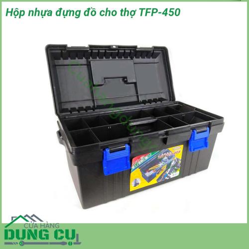 Hộp nhựa đựng đồ cho thợ TFP-450 được làm từ chất liệu nhựa dày dặn chắc chắn cho thời gian sử dụng lâu dài  Thiết kế dễ đóng mở  2 tầng tiện lợi với nhiều ngăn nhỏ giúp phân chia dụng cụ dễ dàng  Quai xách tiện dụng cho việc mang theo mọi lúc mọi nơi