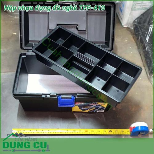 Hộp nhựa đựng đồ nghề TFP-410 được làm tự nhựa siêu chịu lực Thiết kế 2 tầng tiện dụng cho việc sử dụng và cất trữ đồ Trang bị khóa nhựa chắc chắn kiểm soát tối ưu sự mất mát Tay cầm chắc chắn hỗ trợ bạn khi cần di chuyển xa