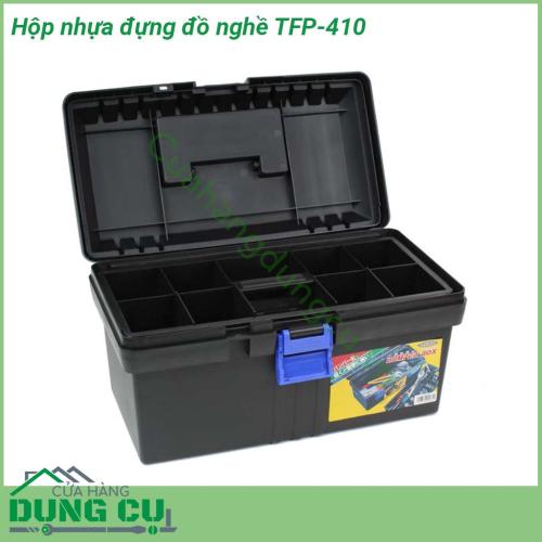 Hộp nhựa đựng đồ nghề TFP-410 được làm tự nhựa siêu chịu lực Thiết kế 2 tầng tiện dụng cho việc sử dụng và cất trữ đồ Trang bị khóa nhựa chắc chắn kiểm soát tối ưu sự mất mát Tay cầm chắc chắn hỗ trợ bạn khi cần di chuyển xa