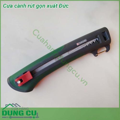 Cưa cành rút gọn xuất Đức với thiết kế dạng gấp làm bằng thép không rỉ lưỡi cưa sắc nhọn cứng chắc  lưỡi cưa vừa đủ nhỏ nên dễ dàng đưa vào các ngách cành tán cây bụi hoa để cắt tỉa cành nhỏ  Cán cầm bằng nhựa êm ái không làm đau tay phồng rộp khi sử dụng