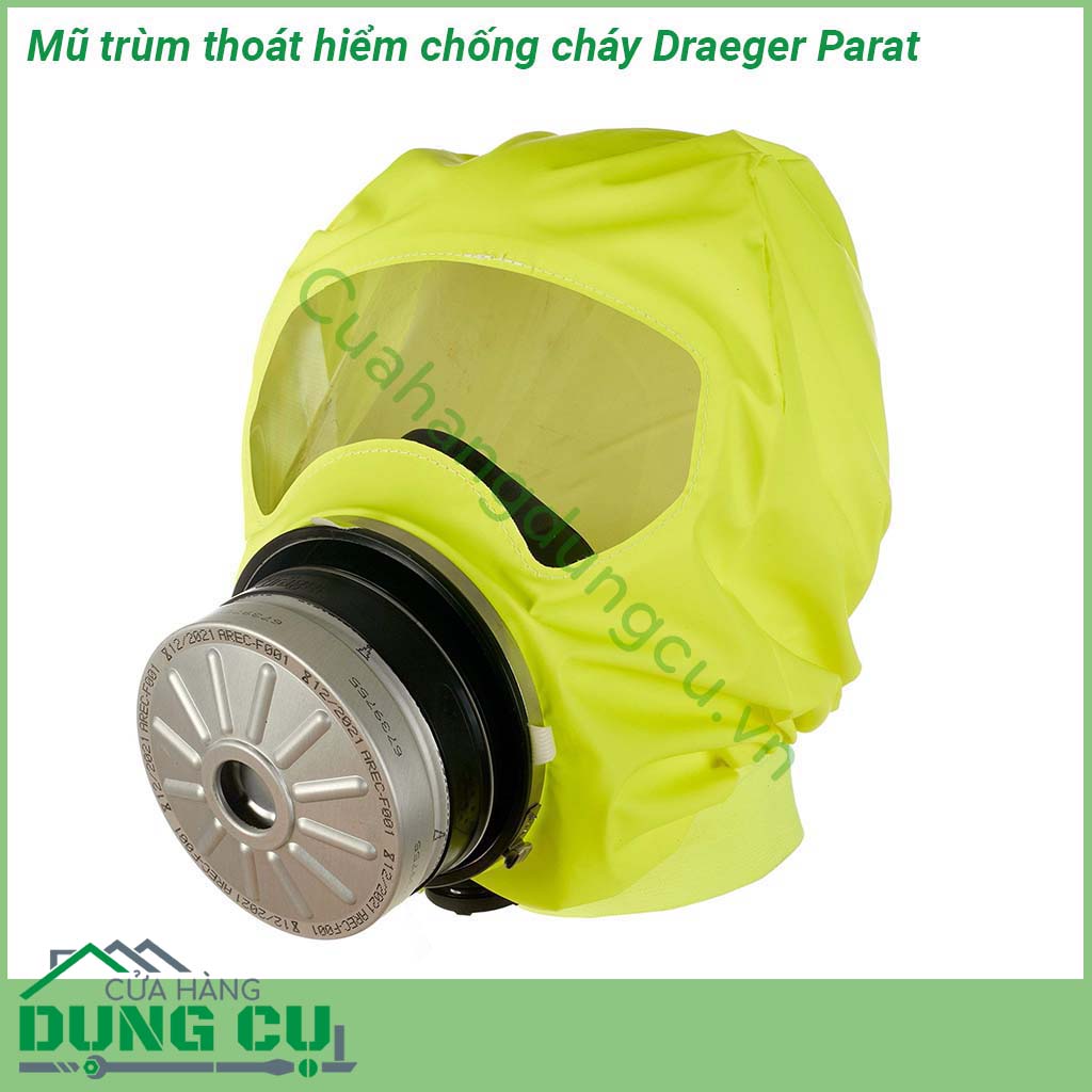 Mũ trùm thoát hiểm chống cháy Draeger Parat được thiết kế gọn nhẹ dễ dàng sử dụng van thở hướng ra giúp đẩy hơi nóng từ bên trong ra khỏi mặt nạ  Phần mũ trùm bên ngoài được làm bằng chất liệu vải mềm chống thấm nước và bụi chống đám cháy