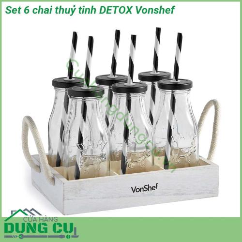 Set 6 chai thuỷ tinh DETOX Vonshef được sản xuất từ nguyên liệu thủy tinh trắng trong suốt dày độ bền cao đảm bảo an toàn cho gia đình  Với dung tích 300ml kèm theo ống hút có thể tái sử dụng và khay gỗ có quai thừng phong cách “homemade”