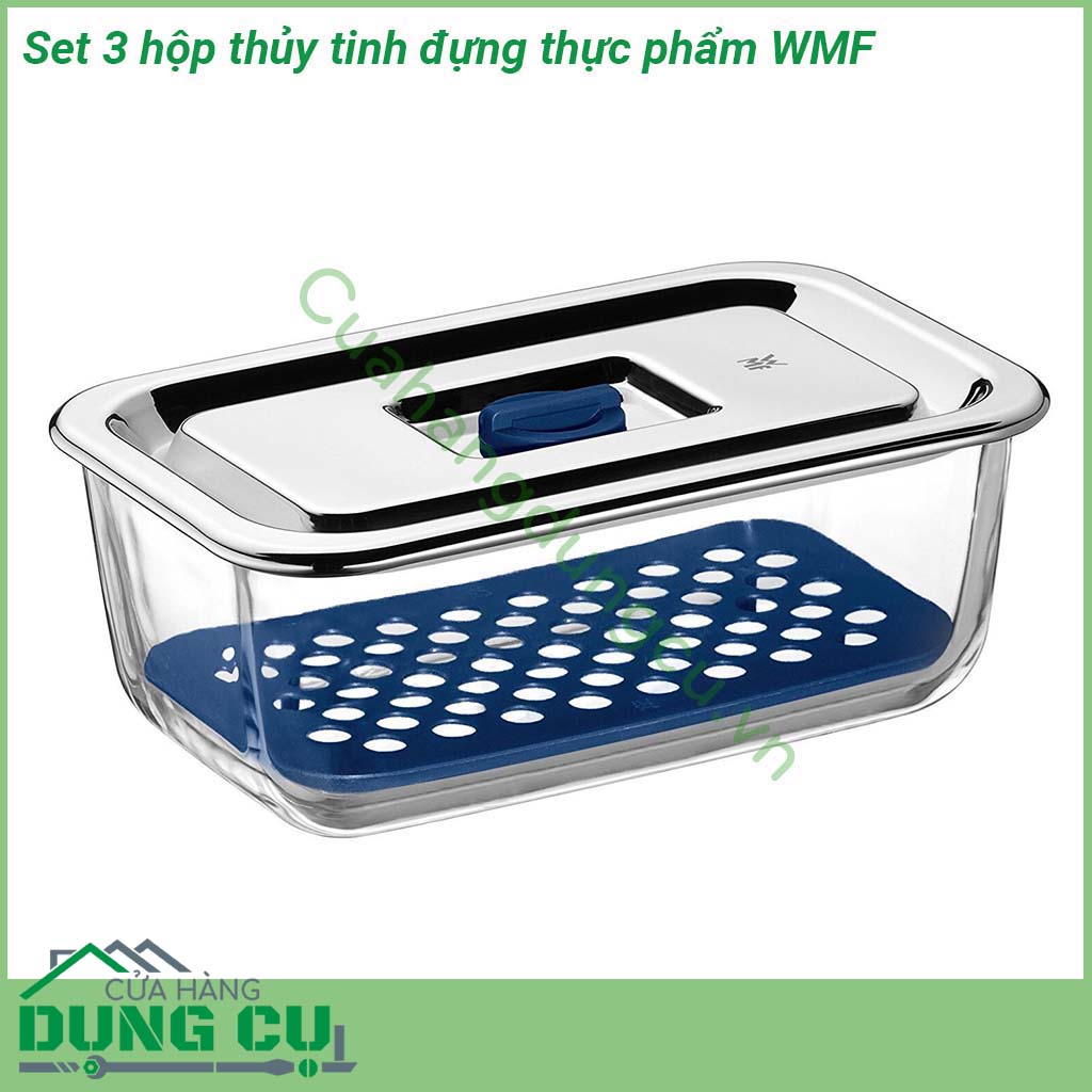 Hộp thủy tinh đựng thực phẩm WMF được làm bằng chất liệu thủy tinh chịu lực rất bền lại dễ chùi rửa không bị ố màu  Thiết kế đóng mở hộp dễ dàng lưu trữ kín khít nhờ gioăng và van chất lượng cao cấp bảo quản thực phẩm được tươi lâu hơn