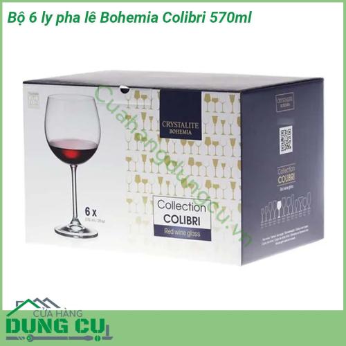 Bộ 6 ly pha lê Bohemia Colibri 570ml được thiết kế với một bầu lớn phần chân cao  có đường gân độc đáo tạo điểm nhấn ấn tượng  Chất liệu pha lê cao cấp độ sáng và độ bóng hoàn hảo sản phẩm không chứa chì an toàn tuyệt đối với sức khỏe người sử dụng