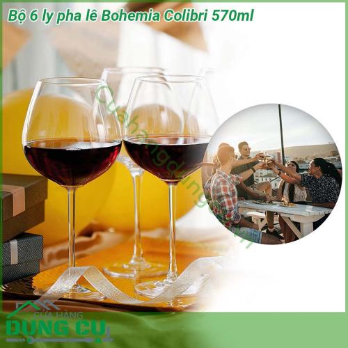 Bộ 6 ly pha lê Bohemia Colibri 570ml được thiết kế với một bầu lớn phần chân cao  có đường gân độc đáo tạo điểm nhấn ấn tượng  Chất liệu pha lê cao cấp độ sáng và độ bóng hoàn hảo sản phẩm không chứa chì an toàn tuyệt đối với sức khỏe người sử dụng