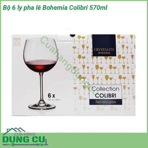 Bộ 6 ly pha lê Bohemia Colibri 570ml được thiết kế với một bầu lớn phần chân cao  có đường gân độc đáo tạo điểm nhấn ấn tượng  Chất liệu pha lê cao cấp độ sáng và độ bóng hoàn hảo sản phẩm không chứa chì an toàn tuyệt đối với sức khỏe người sử dụng