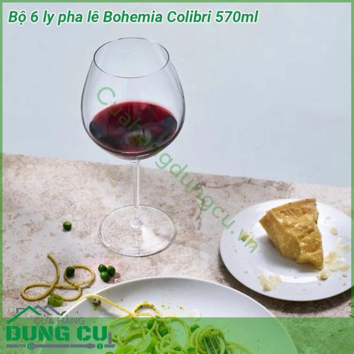 Bộ 6 ly pha lê Bohemia Colibri 570ml được thiết kế với một bầu lớn phần chân cao  có đường gân độc đáo tạo điểm nhấn ấn tượng  Chất liệu pha lê cao cấp độ sáng và độ bóng hoàn hảo sản phẩm không chứa chì an toàn tuyệt đối với sức khỏe người sử dụng